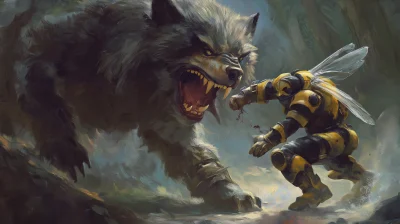 Warrior in Bumblebee Costume Fighting Huge Wolf