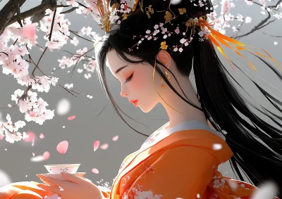 Serene Hanfu Girl under Cherry Blossom Tree