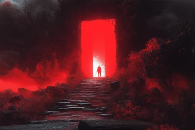 Man ascending stone steps in forest to red kingdom gates