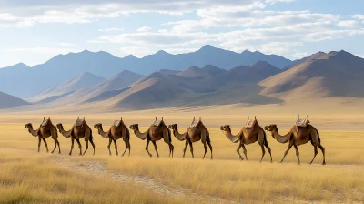 Caravan of camels in the Gobi Desert