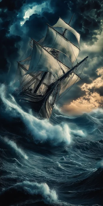 Ancient Sailing Boat in Storm at Night