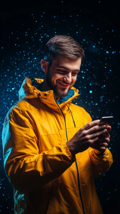 Happy Man Looking at Phone