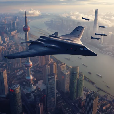 B2 Spirit Aircraft with Shanghai Skyline Background