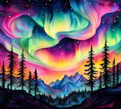 Vibrant Northern Lights over Alaskan Forest