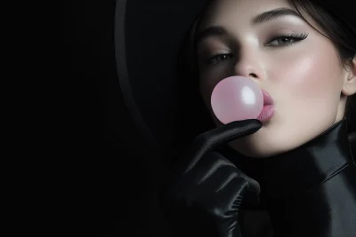 Woman in Black Silk Gloves and Hat Eating Bubble Gum