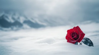 Winter Mountain Scene with Red Rose