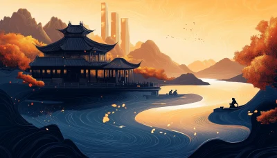 Stylized Ancient Chinese City Vector Art