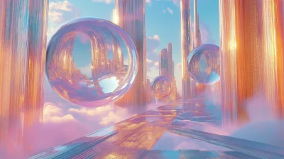 Futuristic Transparent Crystal Palace with Cloud Balls and Fairy