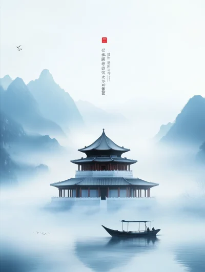 Traditional Chinese Building and Boat Minimalist Poster