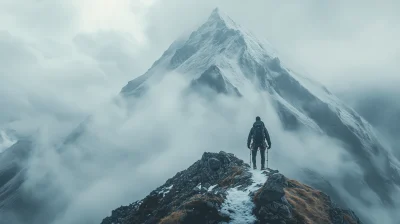 Man climbing snow capped mountain