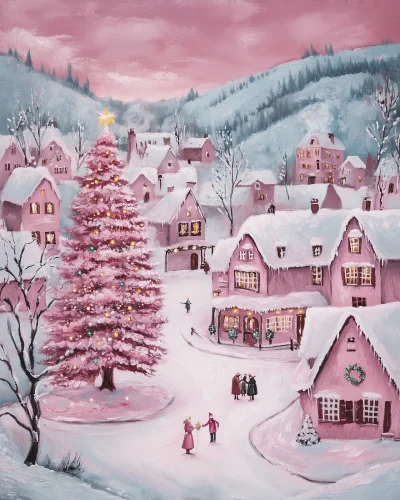 Pink Winter Village Painting