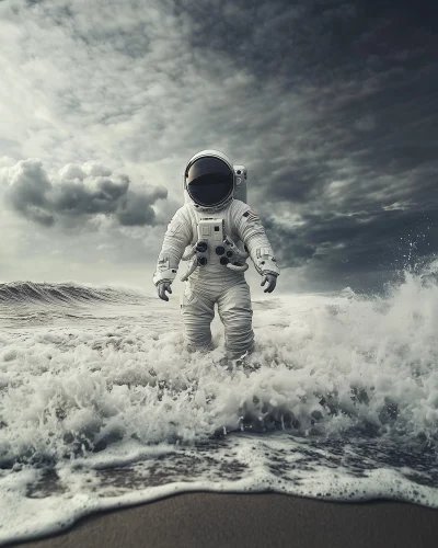 Astronaut Over Raging Waves