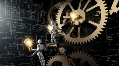 Intricate Machine Gears and Robot with Light Bulbs