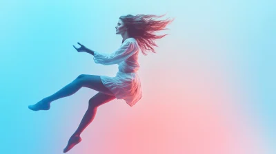 Levitating Woman in Blue and White Gradient Background