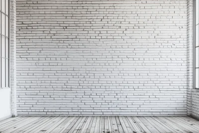 Empty Photography Backdrop with White Brick Wall and Hard Wood Floor