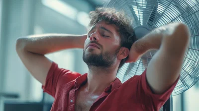 Man suffering from heat in the office near a fan