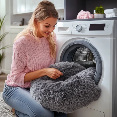 Woman placing carpet in washing machine