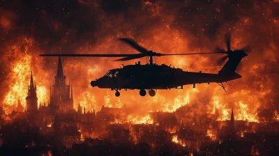 Anime Helicopter Silhouetted by Flames