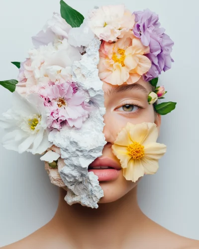 Half face marble woman with flowers