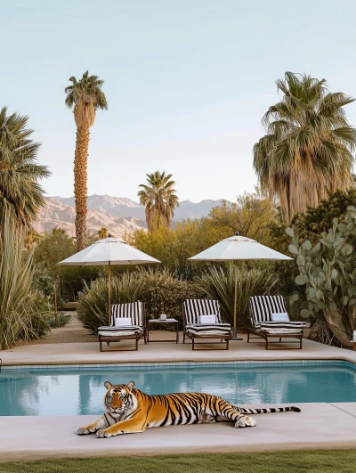 Tigers Lounging by Pool in Palm Springs