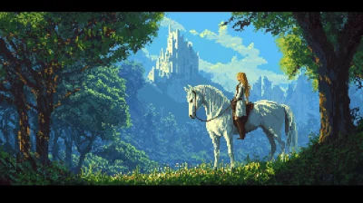 Pixel Art White Horse and Young Woman