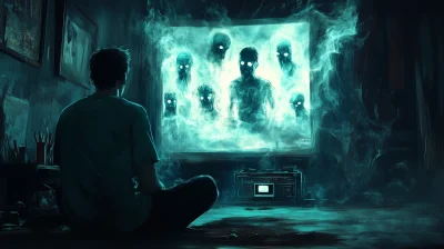 Man Watching Video Tape Surrounded by Souls