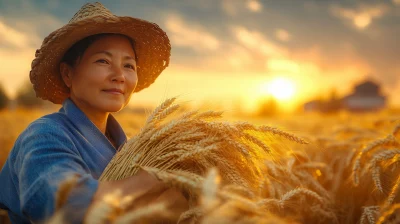 Chinese Farmers with Wheat Ears in Wheat Fields