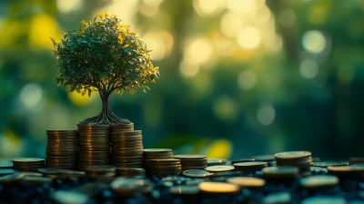 Stacking Coins with Tree Growing and Bokeh Background