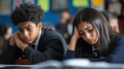 Stressed Teen Students Reading Test in Classroom