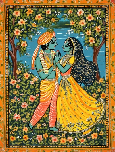 Madhubani Art of Radhe and Krishna Dancing in an Orchard