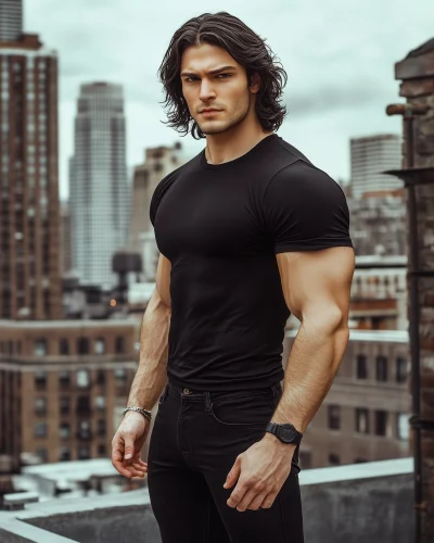 Man on Rooftop with City Background