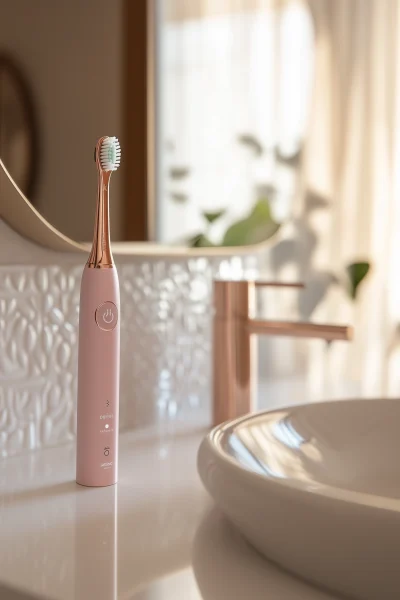 Elegant Pink Electric Toothbrush on White Bathroom Counter