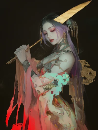 Beautiful Chinese woman in Hanfu with violet hair