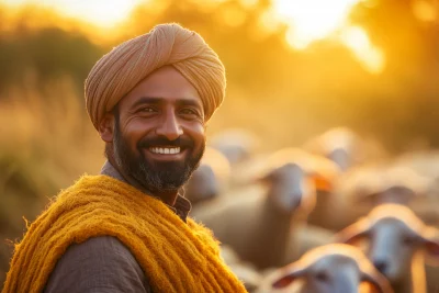 Indian Shepherd with Flock of Sheep