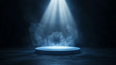 Blue Circular Podium Illuminated by White Light Beams