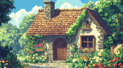 Pixelated Cottage in a Lush Garden