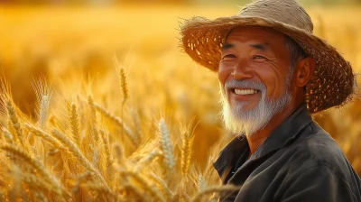 Smiling Chinese Farmers in Wheat Field