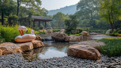 Rockery in the Park with Inflatable Flamingo