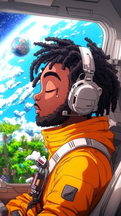 Sad boy with dreads in Afrofuturist space ship