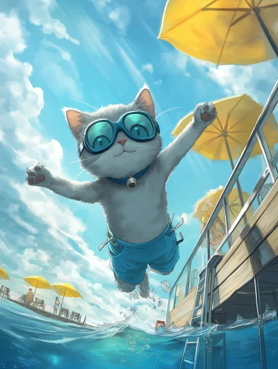 Cat Swimming in the Sea