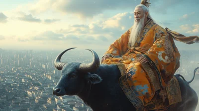 Laozi riding a bull over Zhengzhou, China