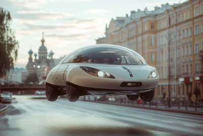 Futuristic Flying Car in Urban Landscape