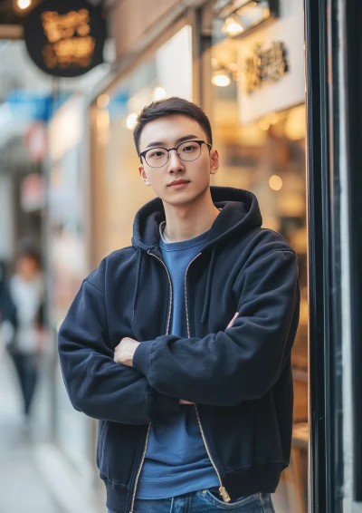 Young Man Standing Outside Coffee Shop