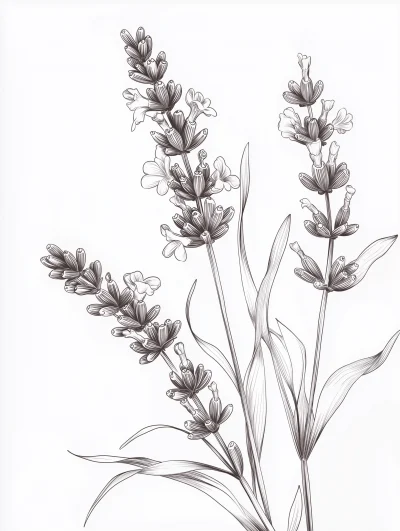 Delicate Lavender Flower Line Drawing