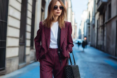 Fashionable Woman in Burgundy Striped Suit