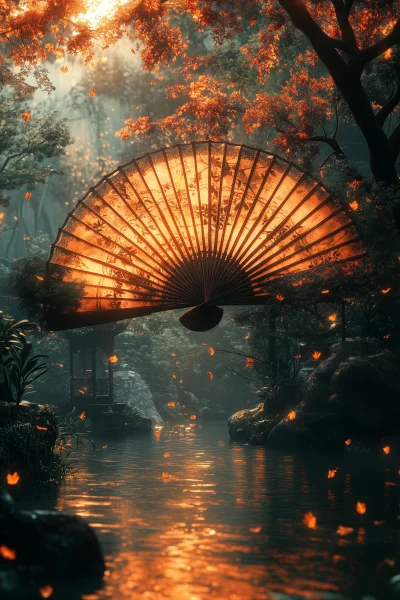 Dynamic Windy Fantasy Scene with Jade Chinese Fan