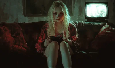 Blonde Girl Watching TV at Night