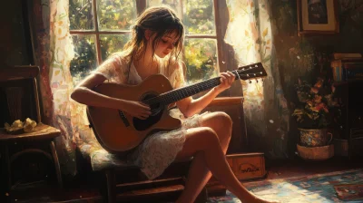 Fantastic Room Illustration with Girl Playing Guitar