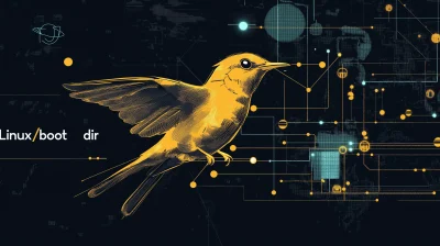 Stylized minimalist honeyguide bird with programming code symbols