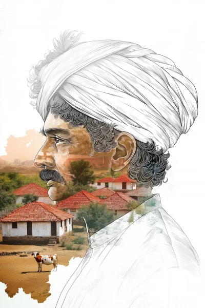 Double Exposure Illustration of Indian Gujarati Turban Man and Village